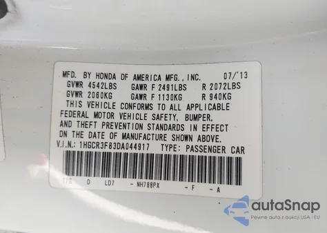 2013 Honda Accord Ex-L V-6 из США, поврежденный, VIN 1HGCR3F83DA044917